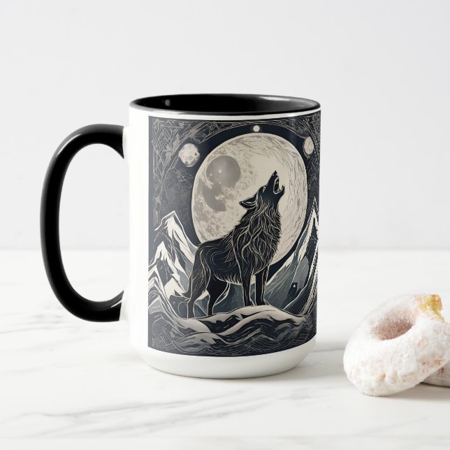 Night Wolf Howl – Moonlight & Forest Aesthetic Mug (With Donut)