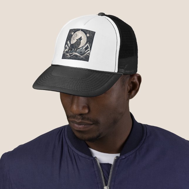 Night Wolf Howl – Moonlight & Forest Aesthetic Trucker Hat (In Situ)
