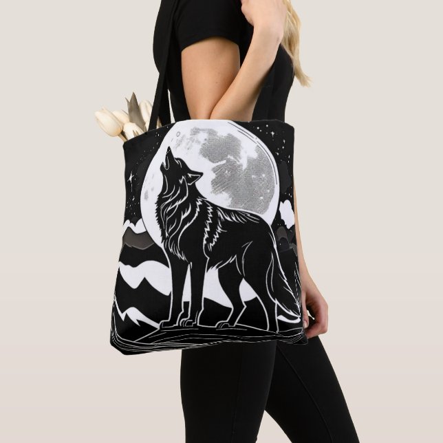 Night Wolf Silhouette Design Tote Bag (Close Up)