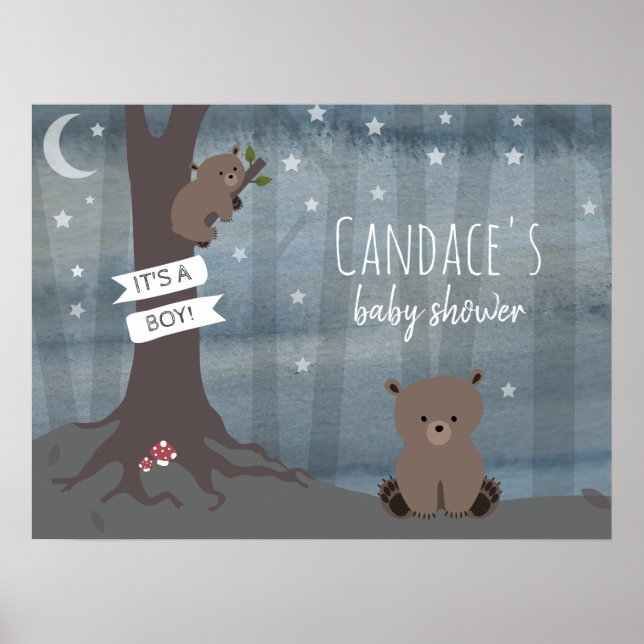 Night Woodland Bear Baby Shower Poster (Front)