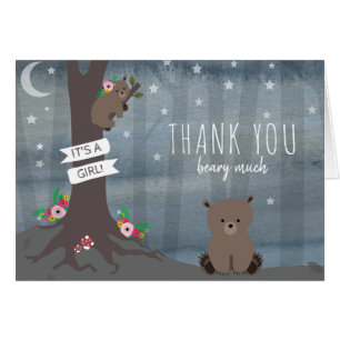 Night Woodland Bear Girl Baby Shower Thank You