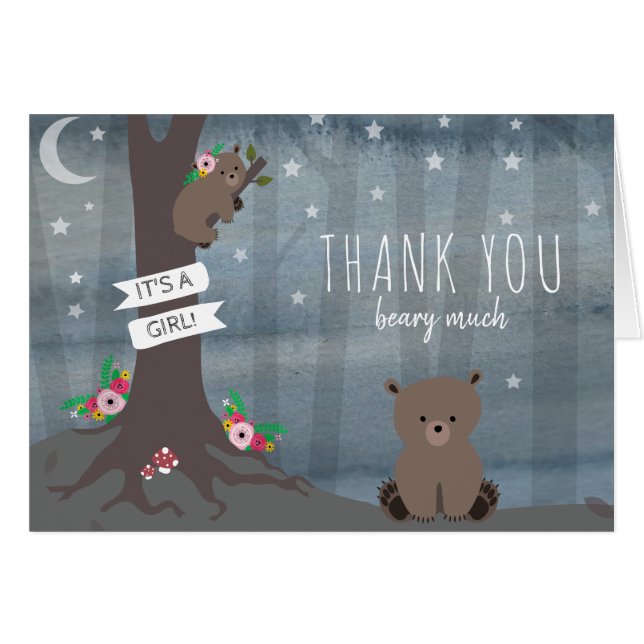 Night Woodland Bear Girl Baby Shower Thank You (Front Horizontal)