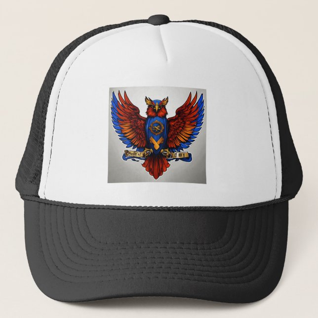 "Nightfall Emissary: Owl and Spiderweb Embroidered Trucker Hat (Front)