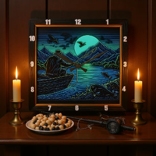 Nightfall Fishing Square Wall Clock