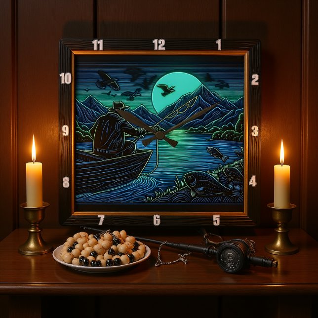 Nightfall Fishing Square Wall Clock (Creator Uploaded)