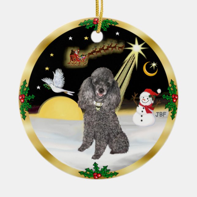 NightFlight-  Silver Miniature or Toy Poodle Ceramic Tree Decoration (Front)