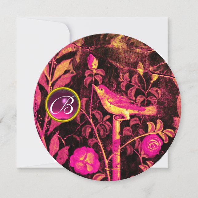 NIGHTINGALE ON ROSES MONOGRAM, Fuchsia Pink Black Invitation (Front)
