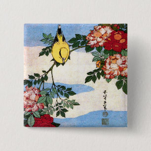 Nightingale & Roses Hokusai Japanese Fine Art 15 Cm Square Badge