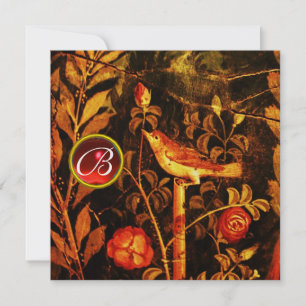 NIGHTINGALE WITH ROSES MONOGRAM, Red Black Gold Invitation