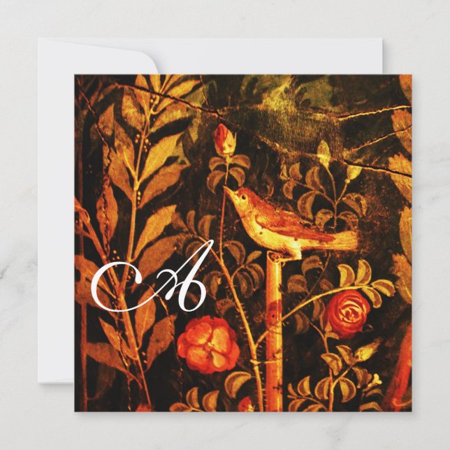 NIGHTINGALE WITH ROSES MONOGRAM, Red Black Yellow Invitation (Front)