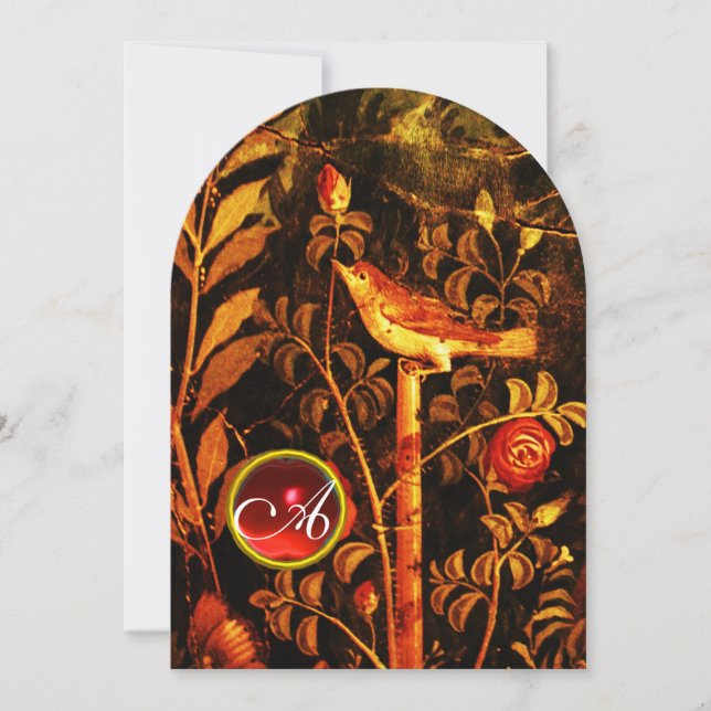 NIGHTINGALE WITH ROSES MONOGRAM, Red Black Yellow Invitation (Front)