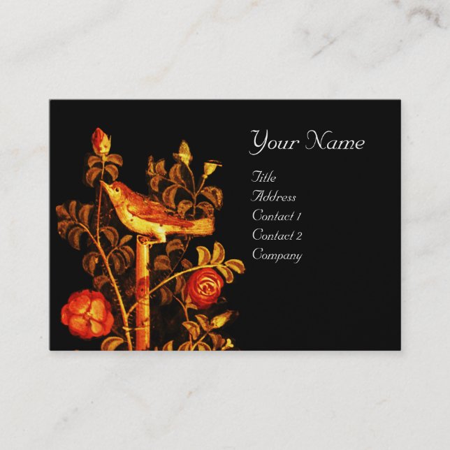 NIGHTINGALE WITH ROSES MONOGRAM , Red Gold Black Business Card (Front)