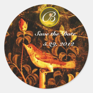 NIGHTINGALE WITH ROSES MONOGRAM Red Yellow Black Classic Round Sticker