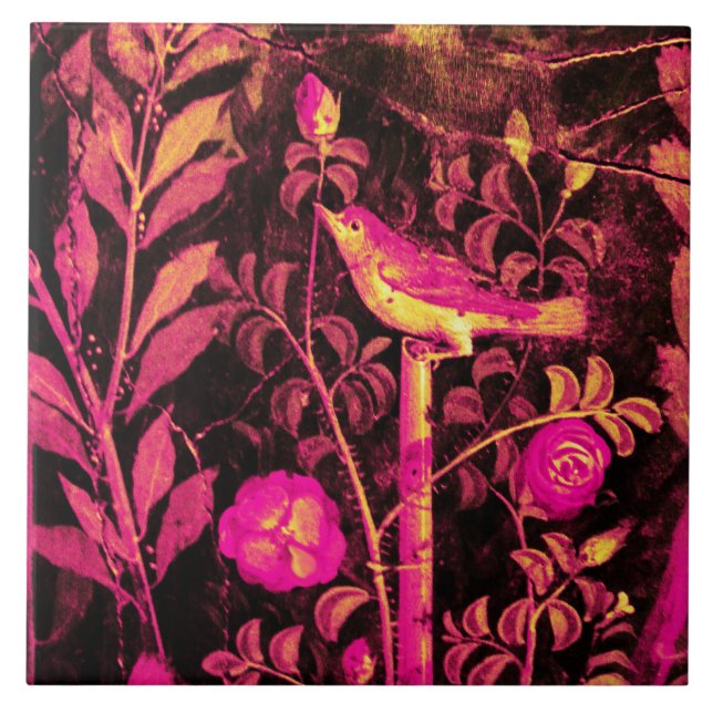 NIGHTINGALE WITH ROSES Pink Black Yellow Pompeii Ceramic Tile (Front)