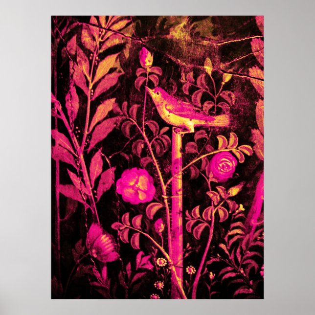 NIGHTINGALE WITH ROSES, Pink Fuchsia Black Yellow Poster (Front)