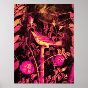 NIGHTINGALE WITH ROSES, Pink Fuchsia Black Yellow Poster
