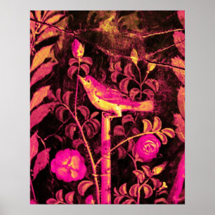 NIGHTINGALE WITH ROSES, Pink Fuchsia Black Yellow Poster