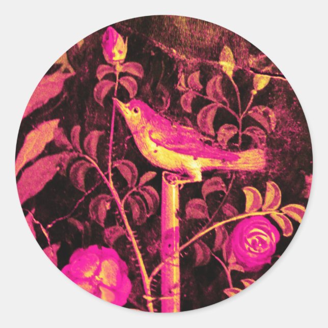 NIGHTINGALE WITH ROSES Pink Fuchsia Yellow Black Classic Round Sticker (Front)