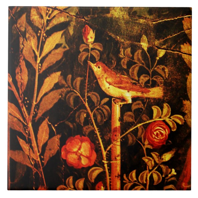 NIGHTINGALE WITH ROSES, Red Black Yellow Pompeii Ceramic Tile (Front)