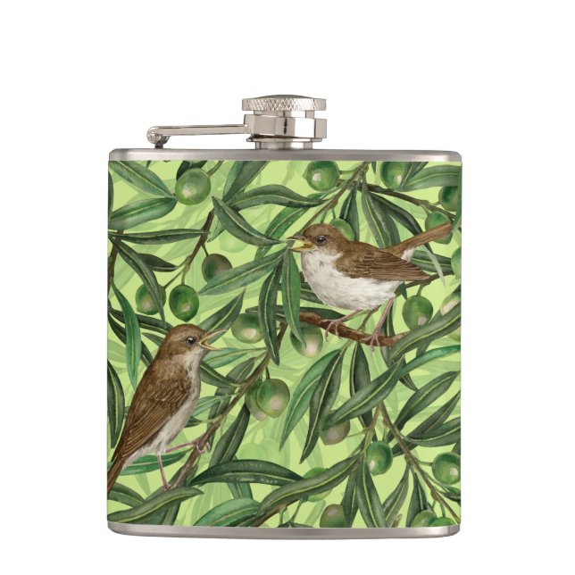 Nightingales in the olive tree 2 hip flask (Front)
