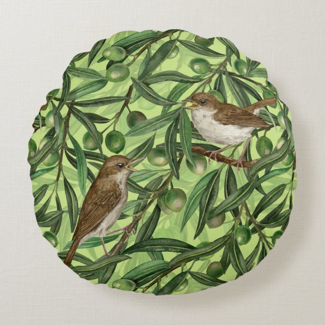 Nightingales in the olive tree 2 round cushion (Front)
