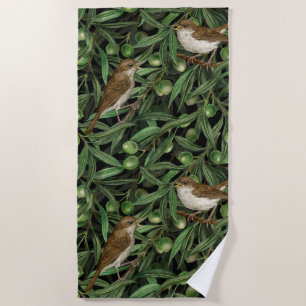 Nightingales in the olive tree 3 beach towel