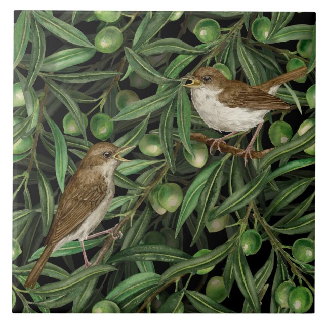 Nightingales in the olive tree 3 ceramic tile (Front)