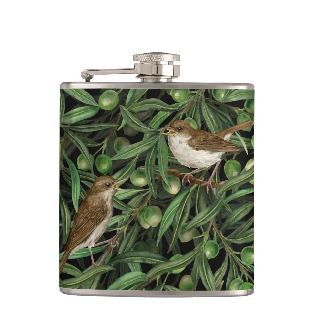 Nightingales in the olive tree 3 hip flask (Front)