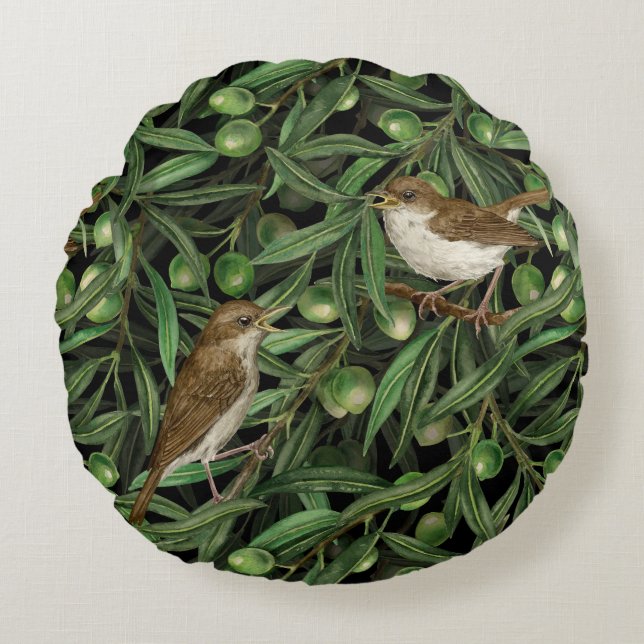 Nightingales in the olive tree 3 round cushion (Front)