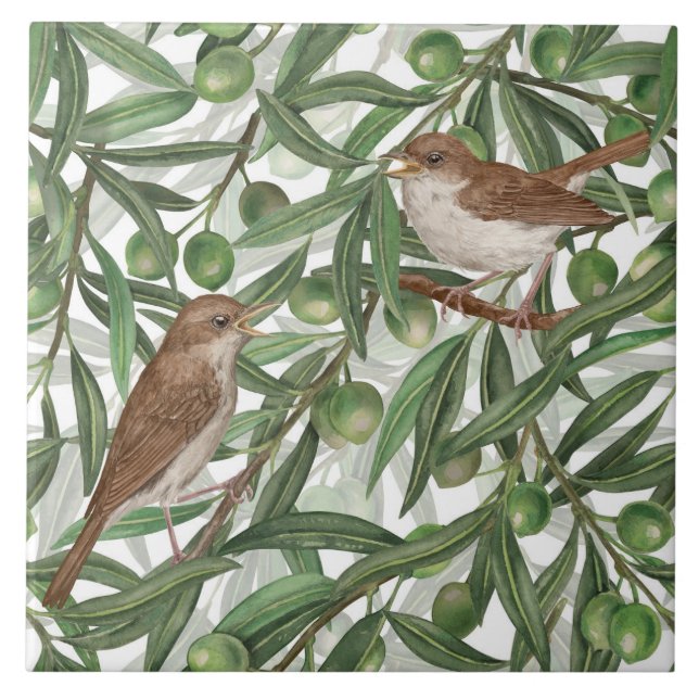Nightingales in the olive tree ceramic tile (Front)