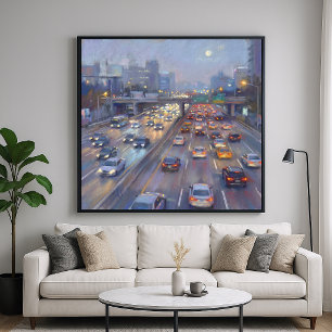 Nightly Gridlock - Pastel Painting Style Cityscape Poster