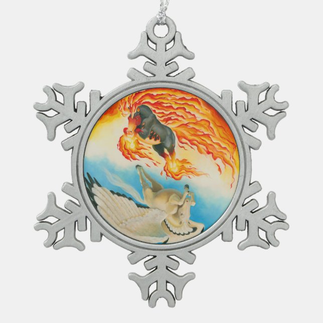 Nightmare  and Mesa Pegasus Yin Yang Snowflake Pewter Christmas Ornament (Front)