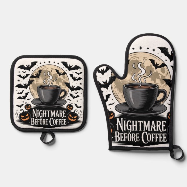 Nightmare Before Coffee Halloween Oven Mitt & Pot Holder Set (Front)