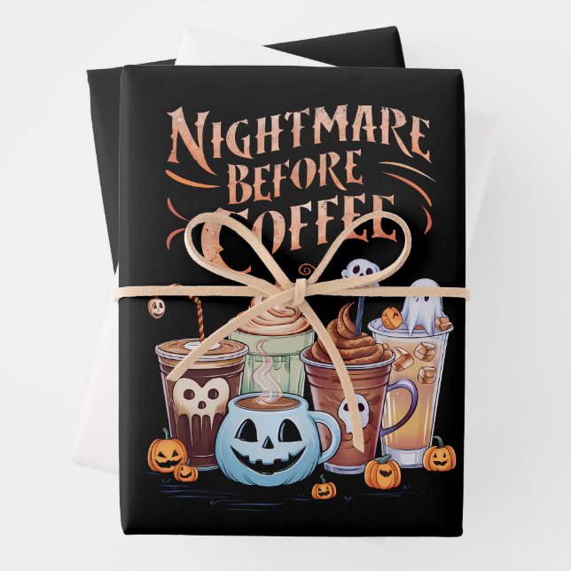 Nightmare Before Coffee Pumpkin Spice Halloween Wrapping Paper Sheet (In situ)