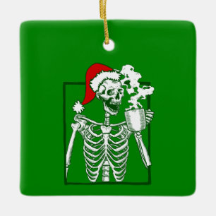 nightmare christmas skeleton drinking coffee skull ceramic ornament