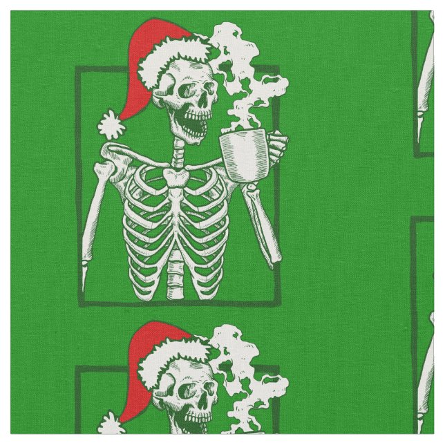 nightmare christmas skeleton drinking coffee skull fabric (Close Up)