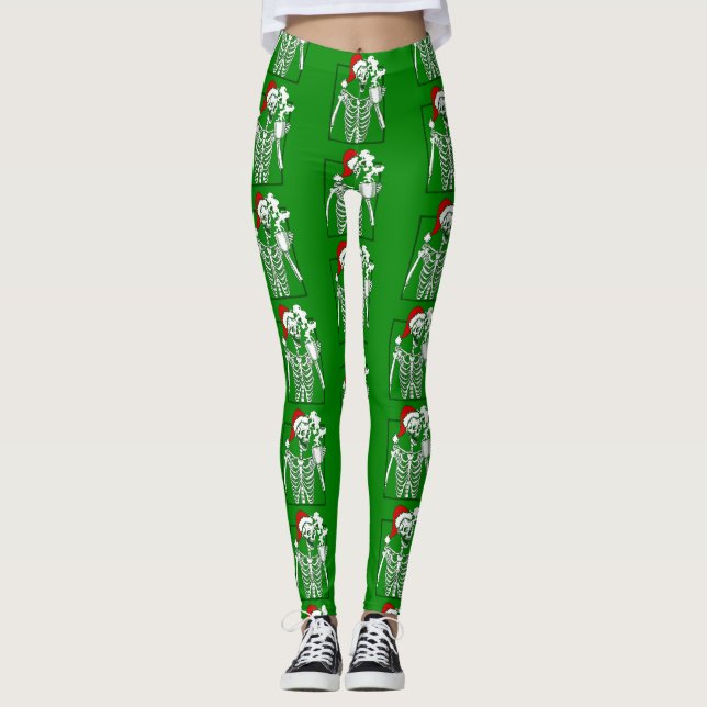 nightmare christmas skeleton drinking coffee skull leggings (Front)