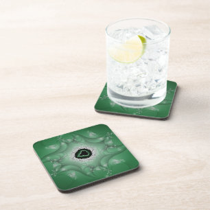 Nightmares Green and White Fractal Art Coaster