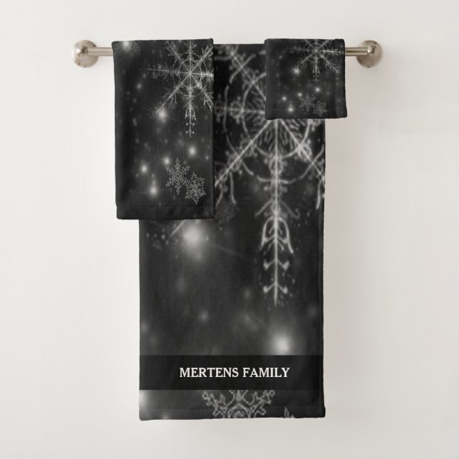 Nighttime Black & Grey Snowflakes Holidays Name Bath Towel Set (Insitu)