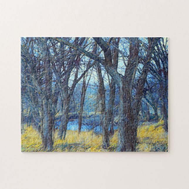 Nighttime Blue Tree Forest Art Puzzle (Horizontal)