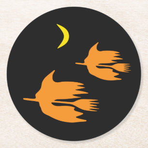 Nighttime Broom Ride - Halloween Witch Image. Round Paper Coaster