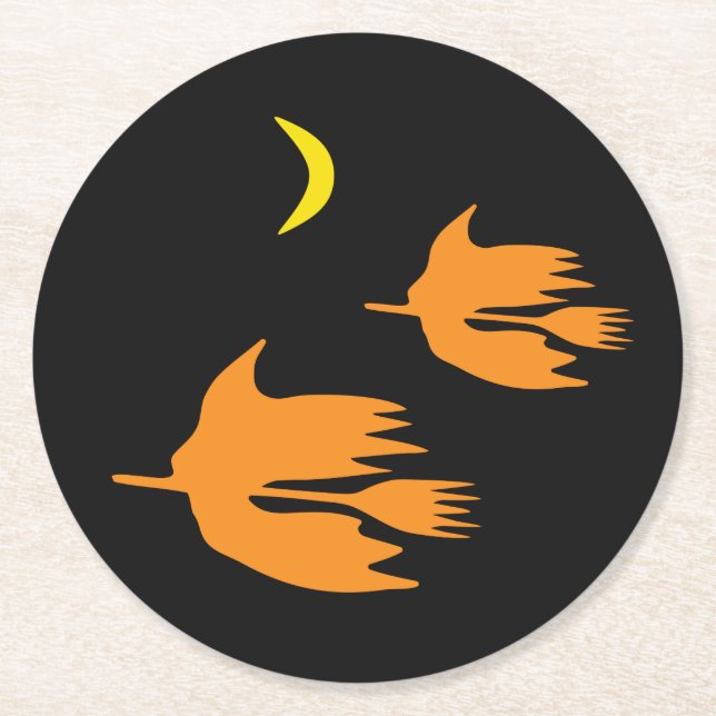 Nighttime Broom Ride - Halloween Witch Image. Round Paper Coaster (Front)