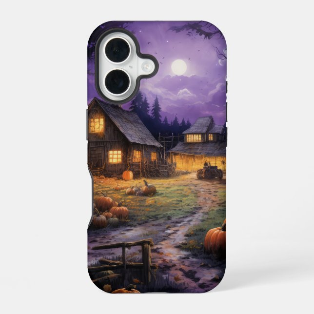 NIGHTTIME COUNTRY FALL SCENE WITH PUMPKINS iPhone 16 CASE (Back)