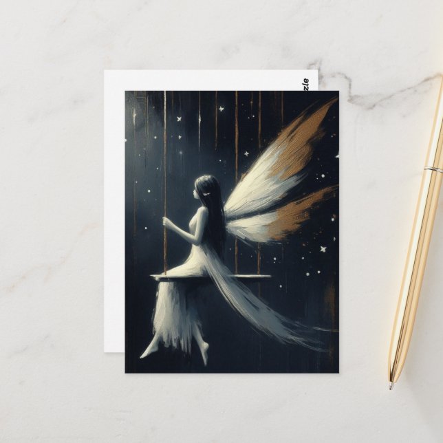 Nighttime Fairy on a Swing in White Dress Postcard (Front/Back In Situ)