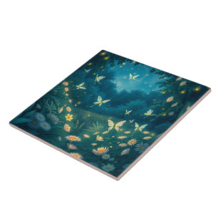Nighttime garden with flowers and fireflies ceramic tile