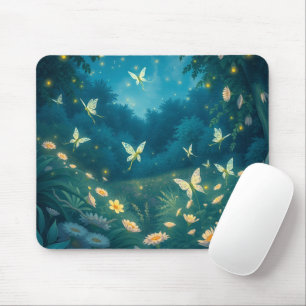 Nighttime garden with flowers and fireflies mouse pad