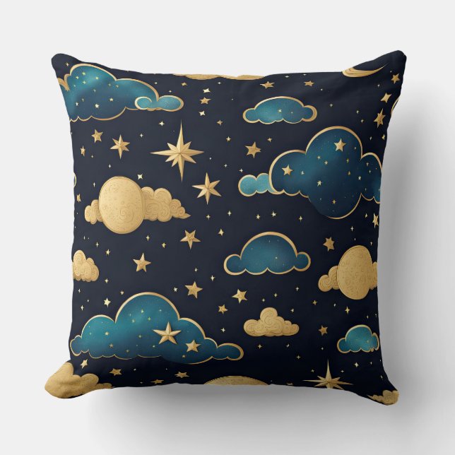 NIGHTTIME SKY WITH BLUE & GOLD CLOUDS AND STARS CUSHION (Front)