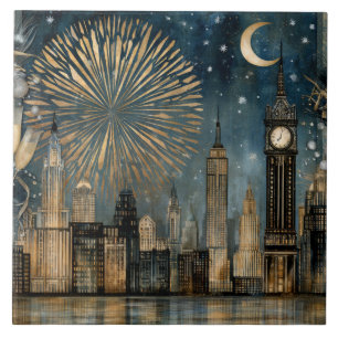 Nighttime Skyline Fireworks Celebration Ceramic Tile
