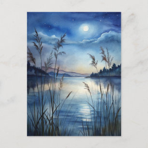 Nighttime Starry Sky Moonlit Lake Peaceful Postcard