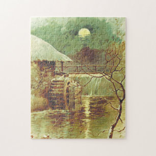 Nighttime Waterwheel, Moon, Waterfall Scene Puzzle